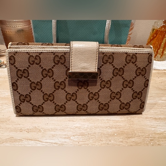 Gucci Handbags - Gucci Brown/Tan Monogram Canvas Clutch Wallet with Cream Trim